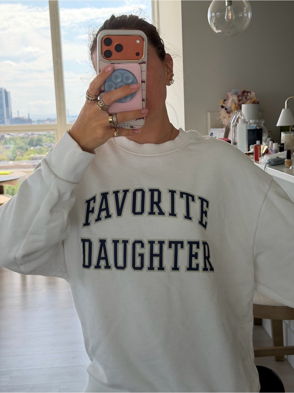 Favorite Daughter White Sweatshirt with Navy Lettering